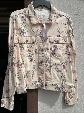 Candie's Cream Floral Denim Jacket with Purple & Green Print